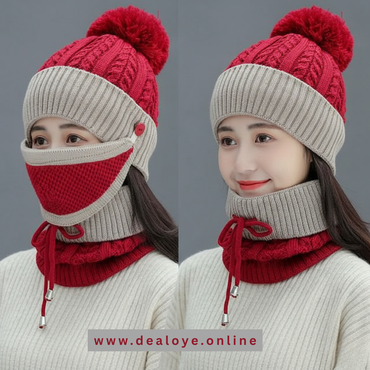 3 Pcs Set - Wool Plain Beanie, Mask and Neck Warmer