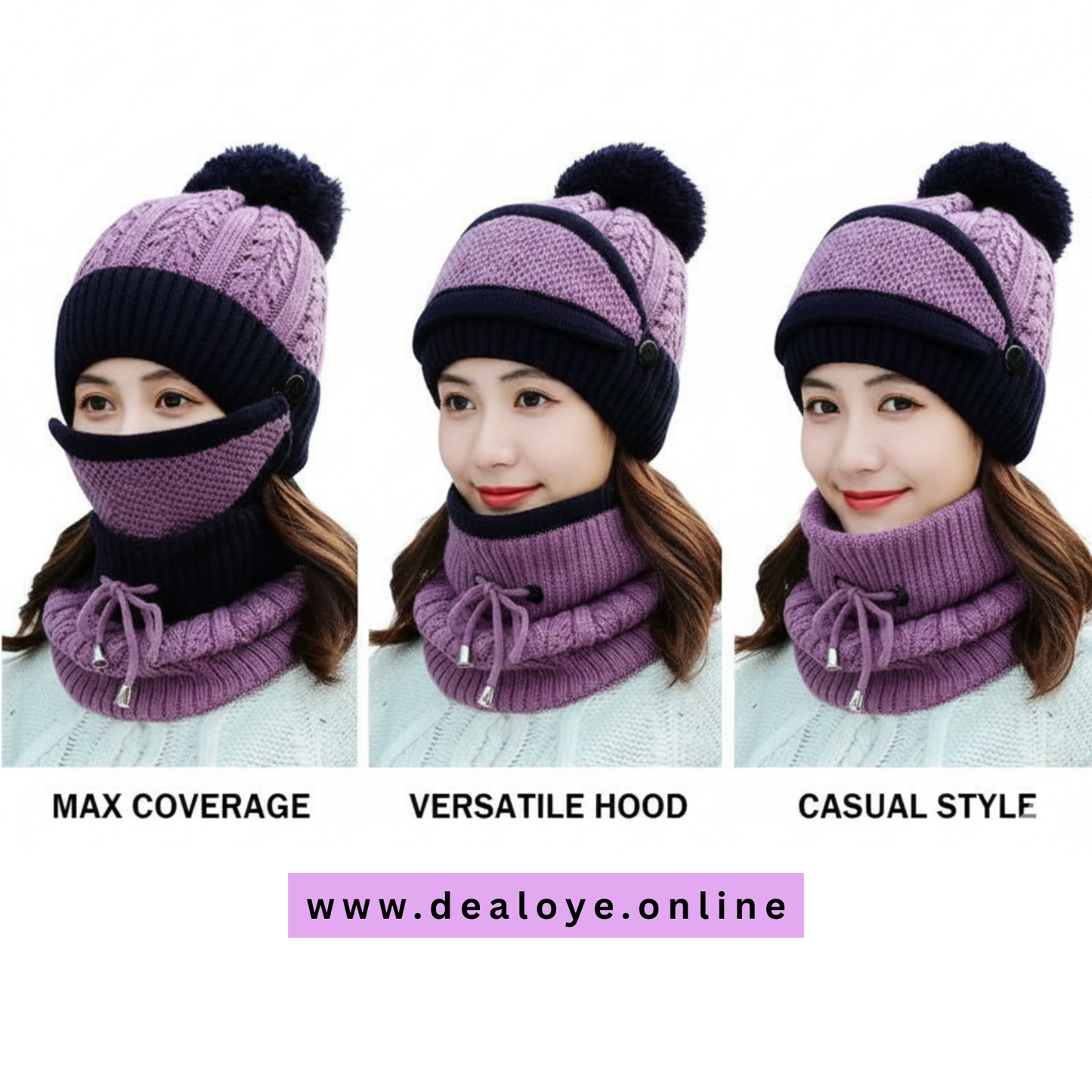 3 Pcs Set - Wool Plain Beanie, Mask and Neck Warmer