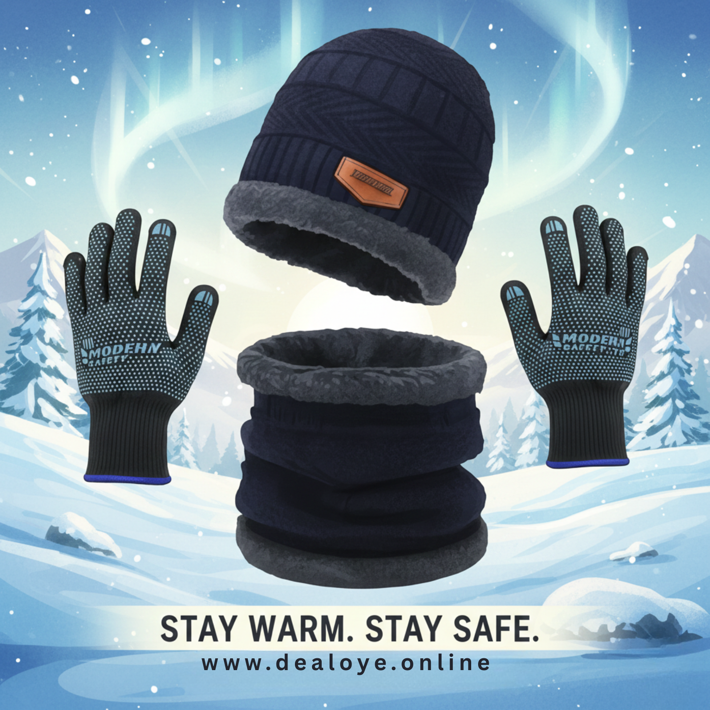 Winter Knitted Beanie Cap Neck Warmer Gloves Set For Men & Women